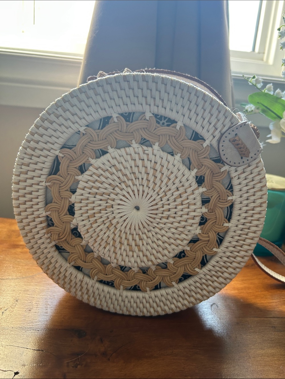 Handwoven Round Rattan Crossbody Bag - White & Tan